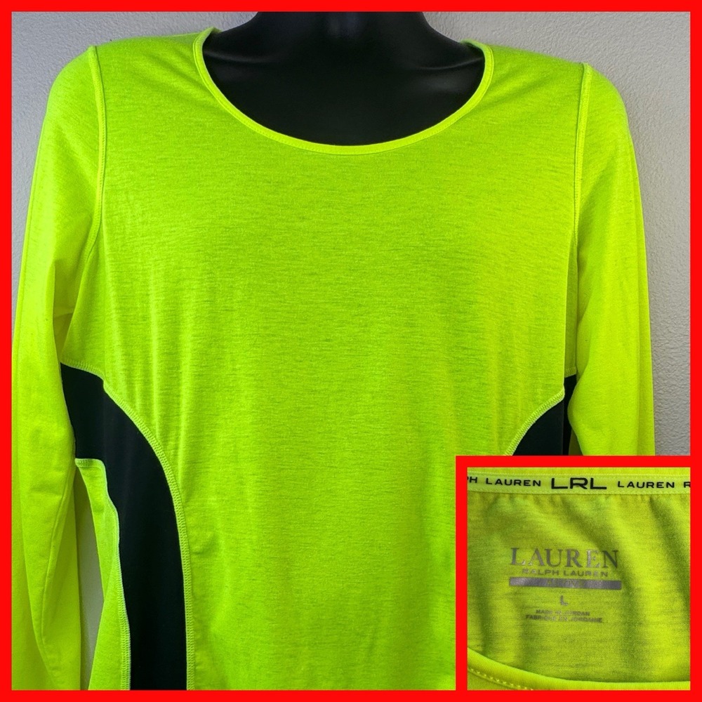 Lauren Ralph Lauren Activewear Top‎ Womens L Neon Yellow Black Long Sleeve Crew